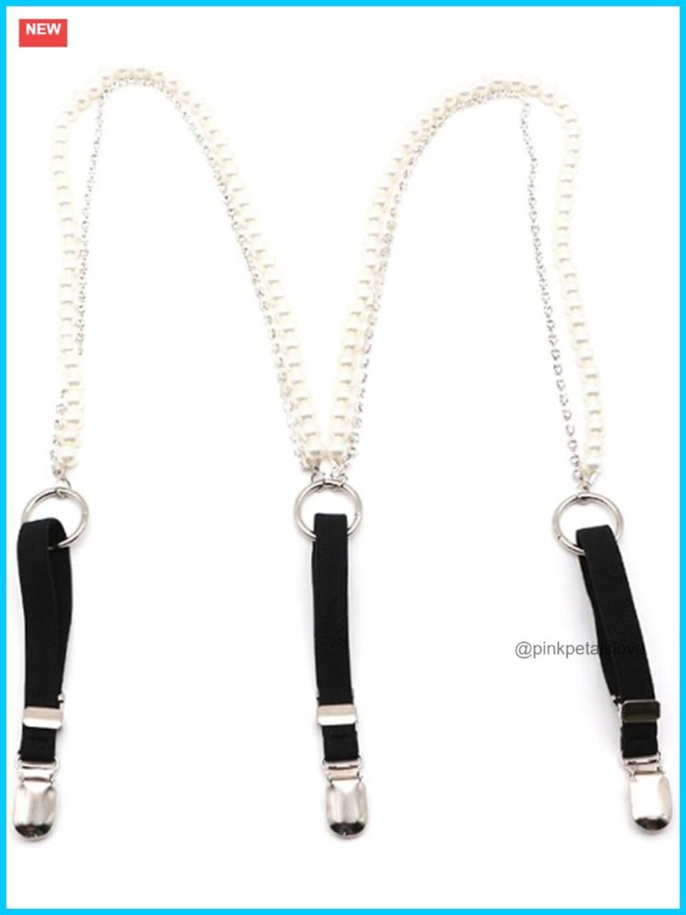 Rhinestone Pearl Faux Leather Suspender Belts with Metal Clips